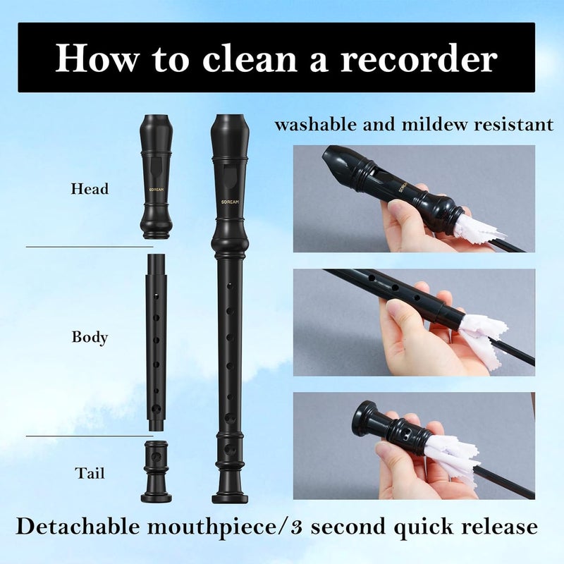 SDREAM Soprano Recorder Instrument for Kids Beginners&Student,8 Hole German Fingering Recorder Flute with Cleaning Rod & Leather Bag (Black) - Image 4